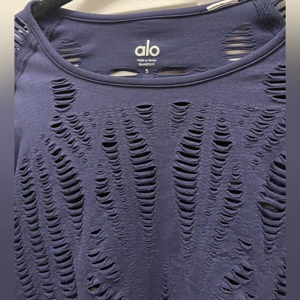 ALO Yoga Navy Blue Long Sleeve Laser-Cut Top